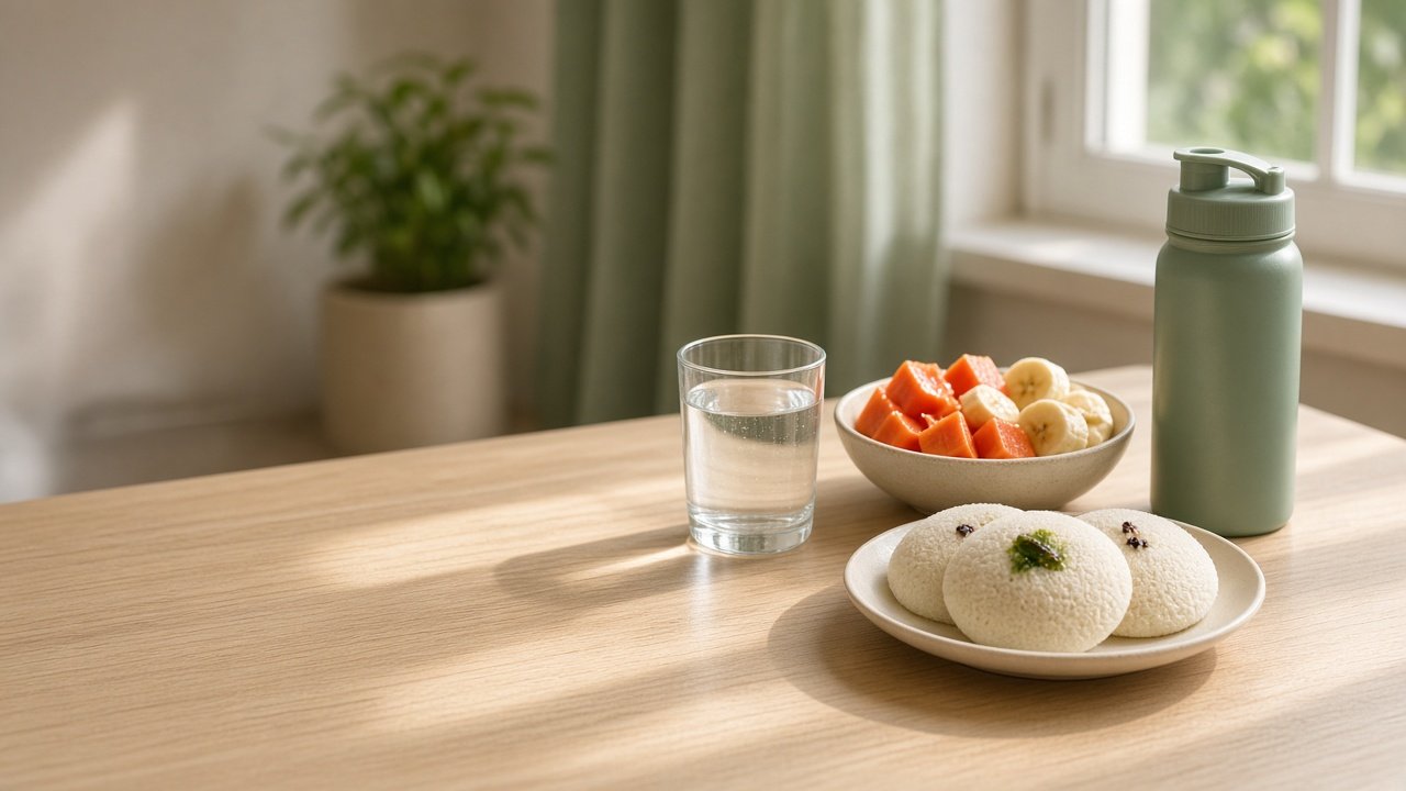 A simple breakfast of idli, fruit, and water on a table by a window