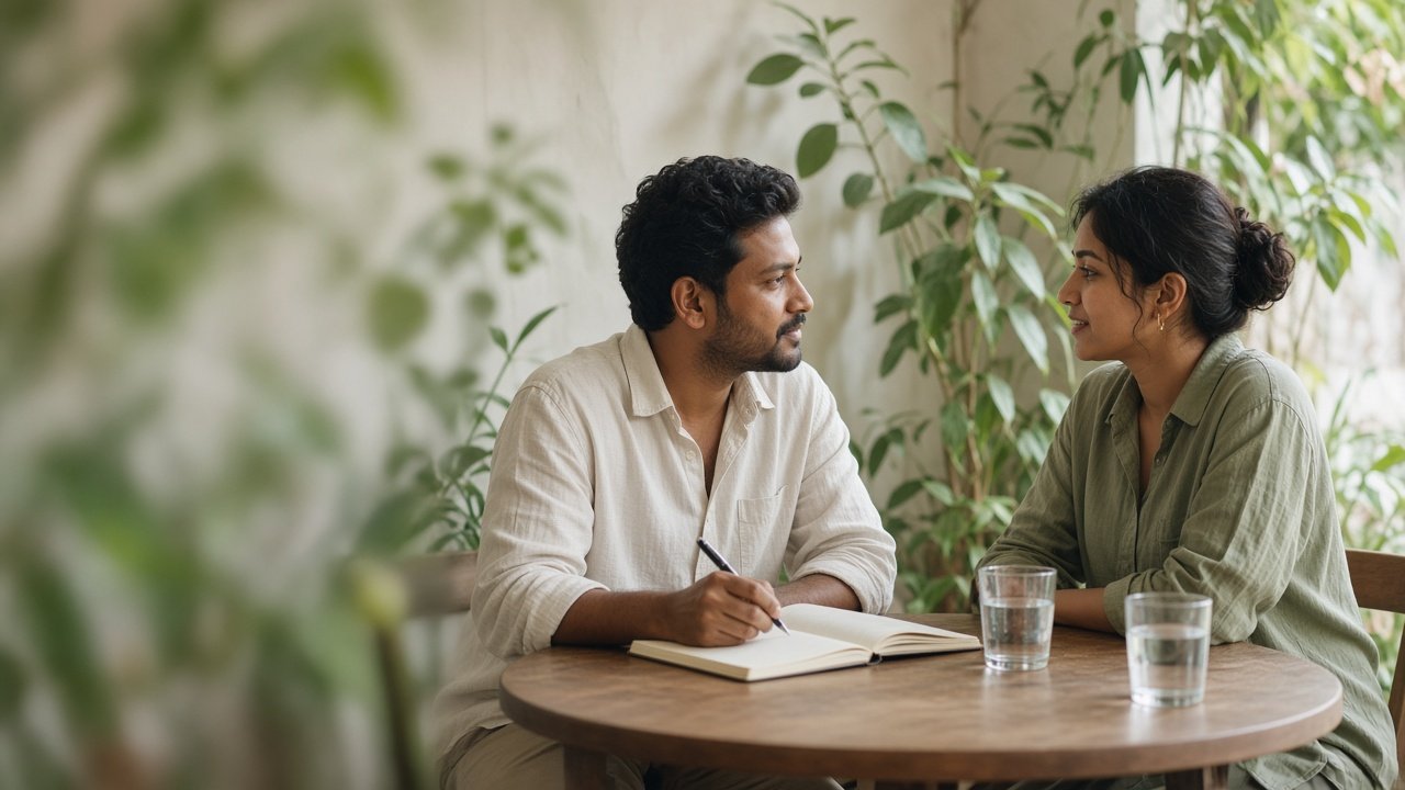 Two people talking at a café table while one takes notes