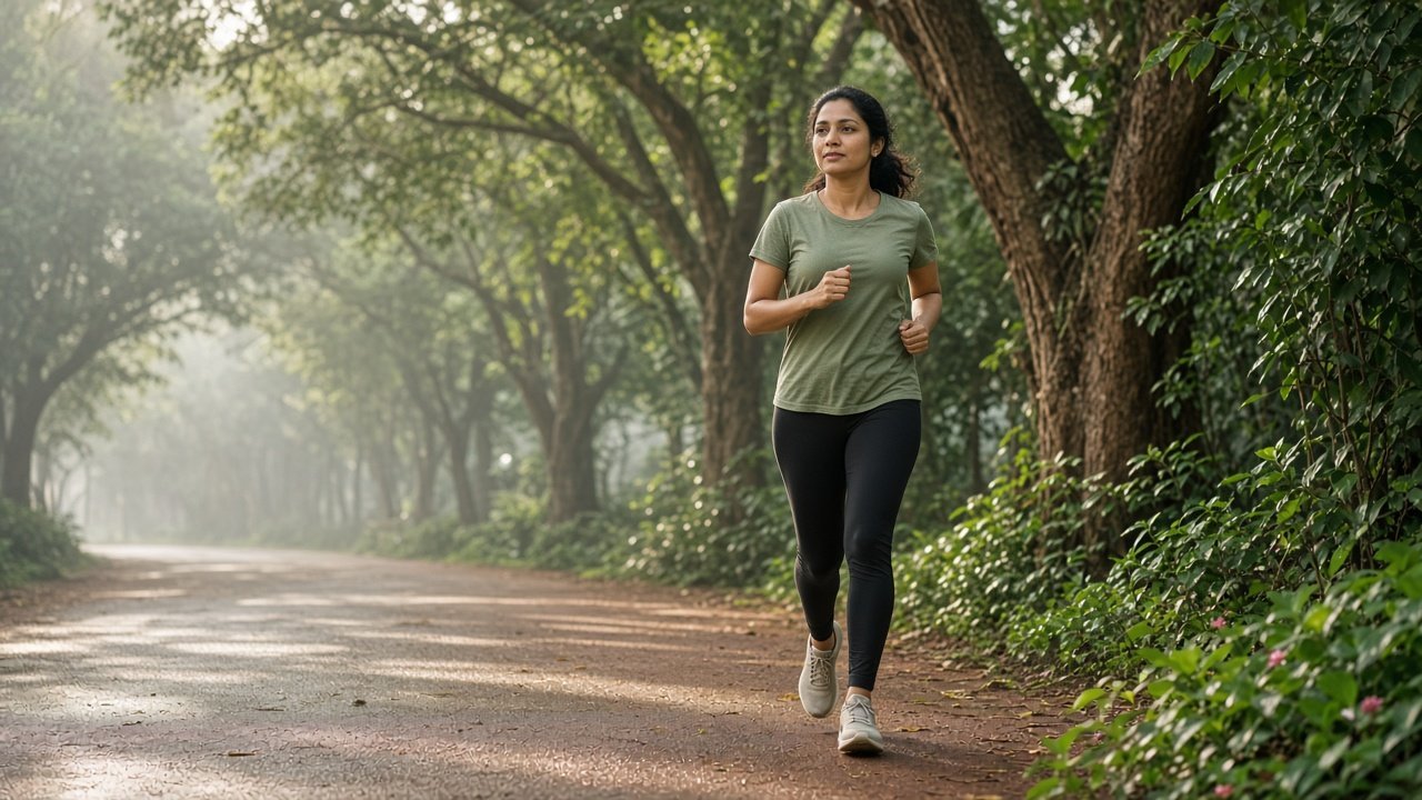 A woman walking on a tree-lined path in a Bangalore park in the morning